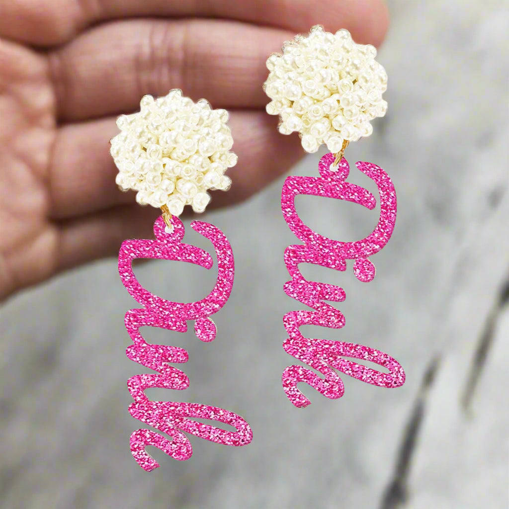 Hot Pink Glitter Dink Pickleball Earrings