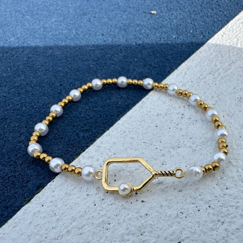 Gold and Pearl Pickleball Beaded Bracelet -The Pickleball Store at Auburn
