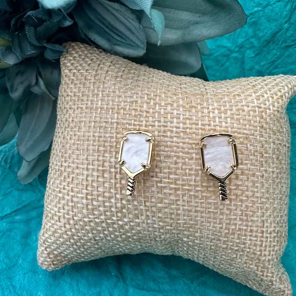 Pickleball Mother of Pearl Gold Stud Earrings -The Pickleball Store at Auburn