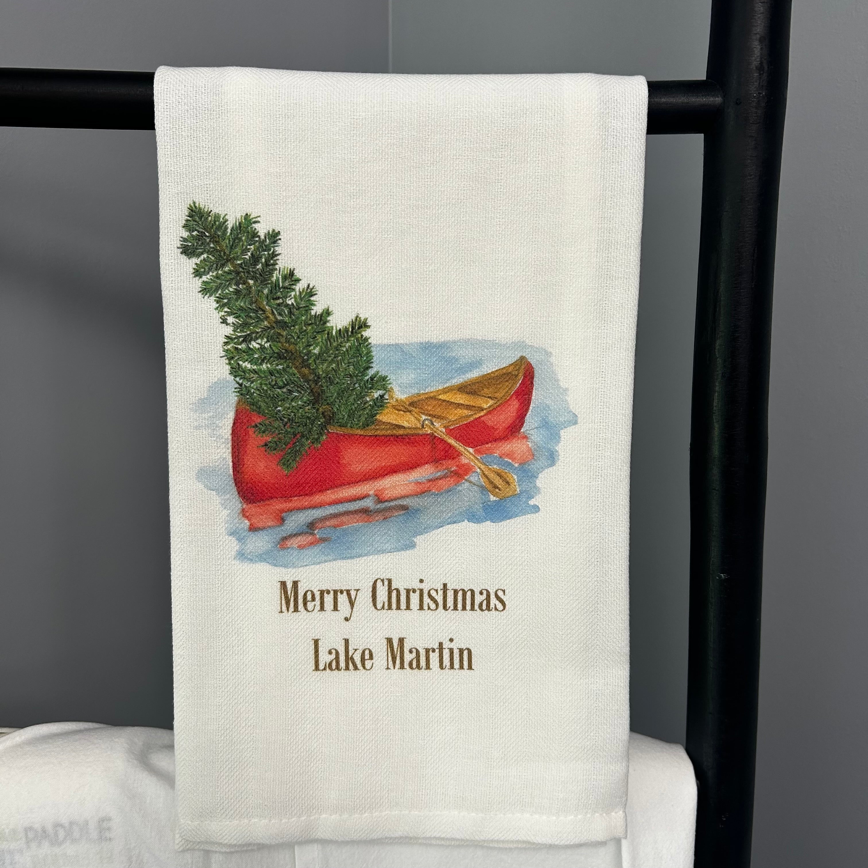 Lake Martin Red Canoe with Merry Christmas Dishtowel -The Pickleball Store at Auburn