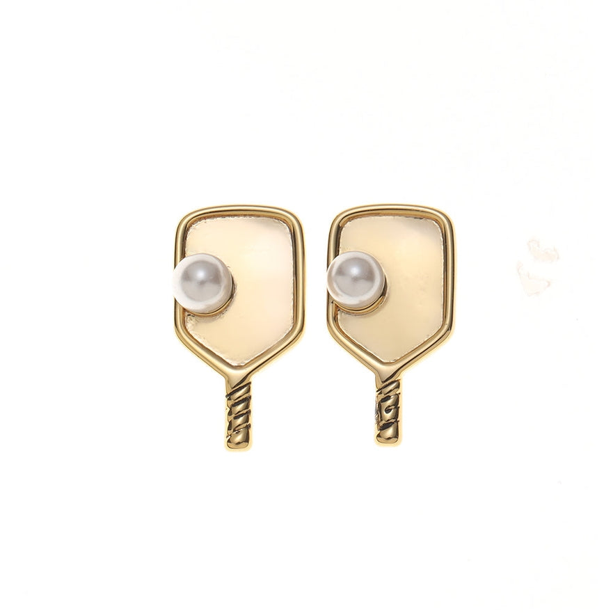 Gold and Pearl Pickleball Paddle Stud Earrings -The Pickleball Store at Auburn