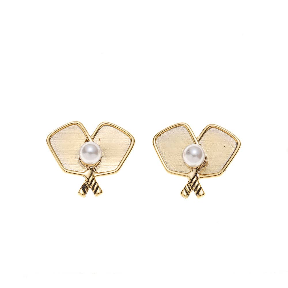 Double Pickleball Paddles Gold and Pearl Stud Earrings -The Pickleball Store at Auburn