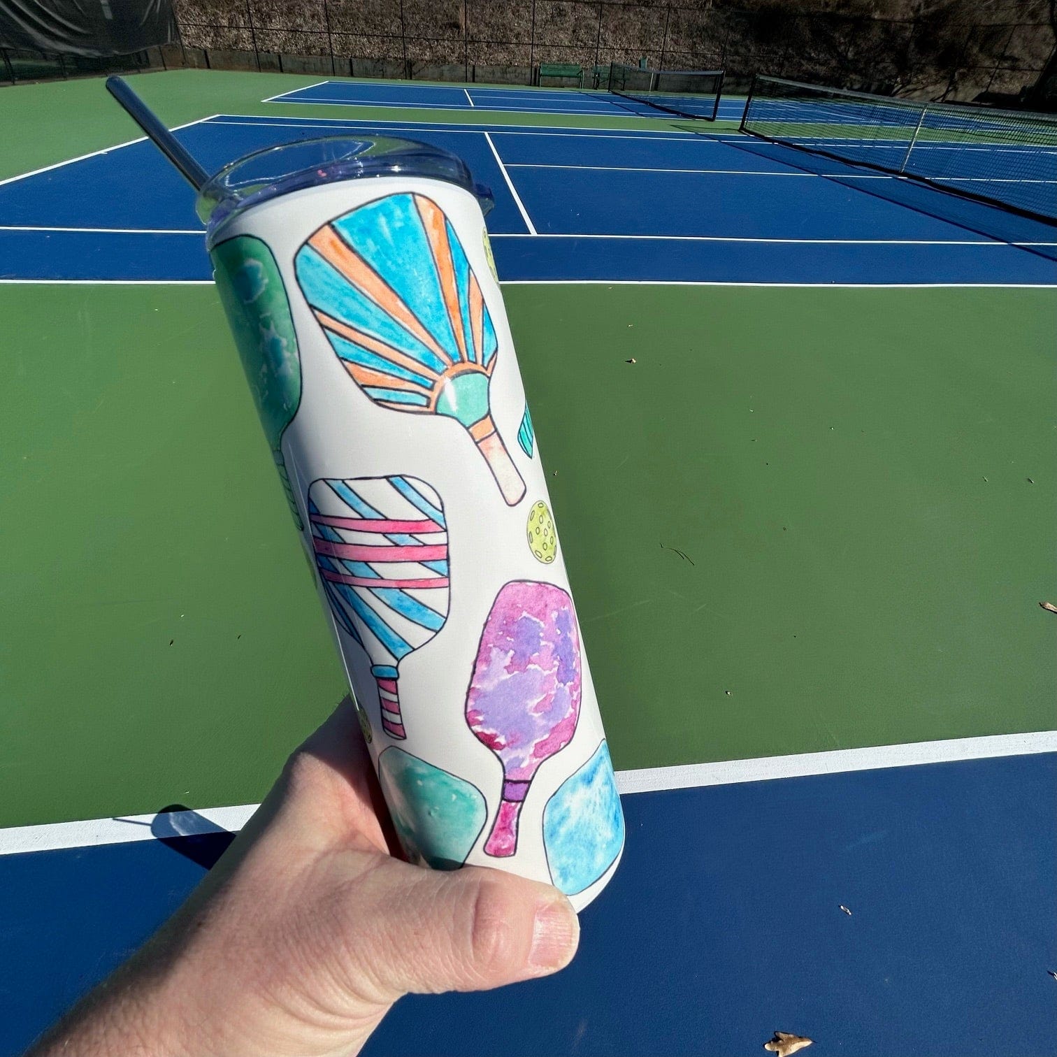 Skinny 20 oz Tumbler with Pickleball Paddles and Metal Straw -The Pickleball Store at Auburn