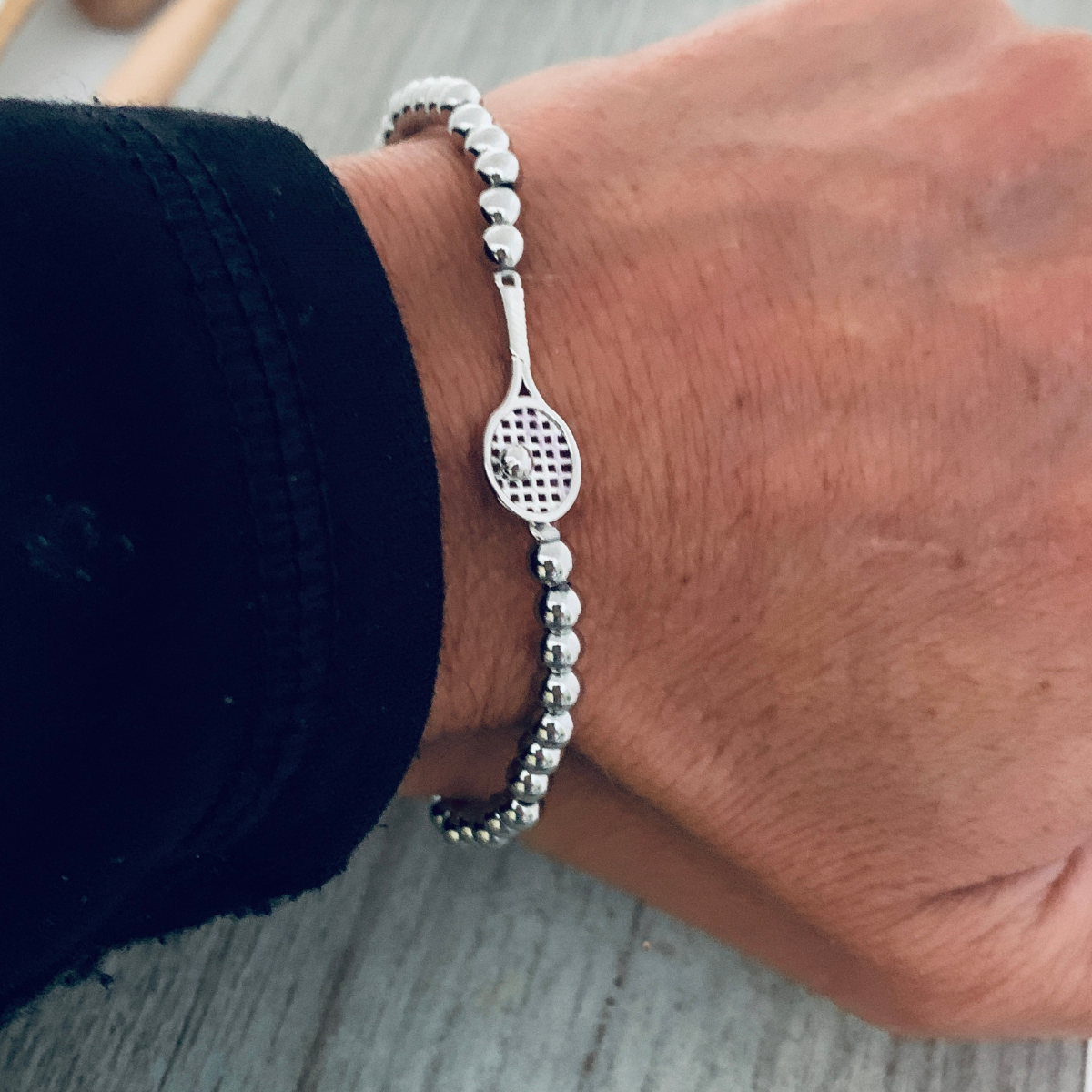 Tennis Racket Silver Stretch Beaded Bracelet -The Pickleball Store at Auburn