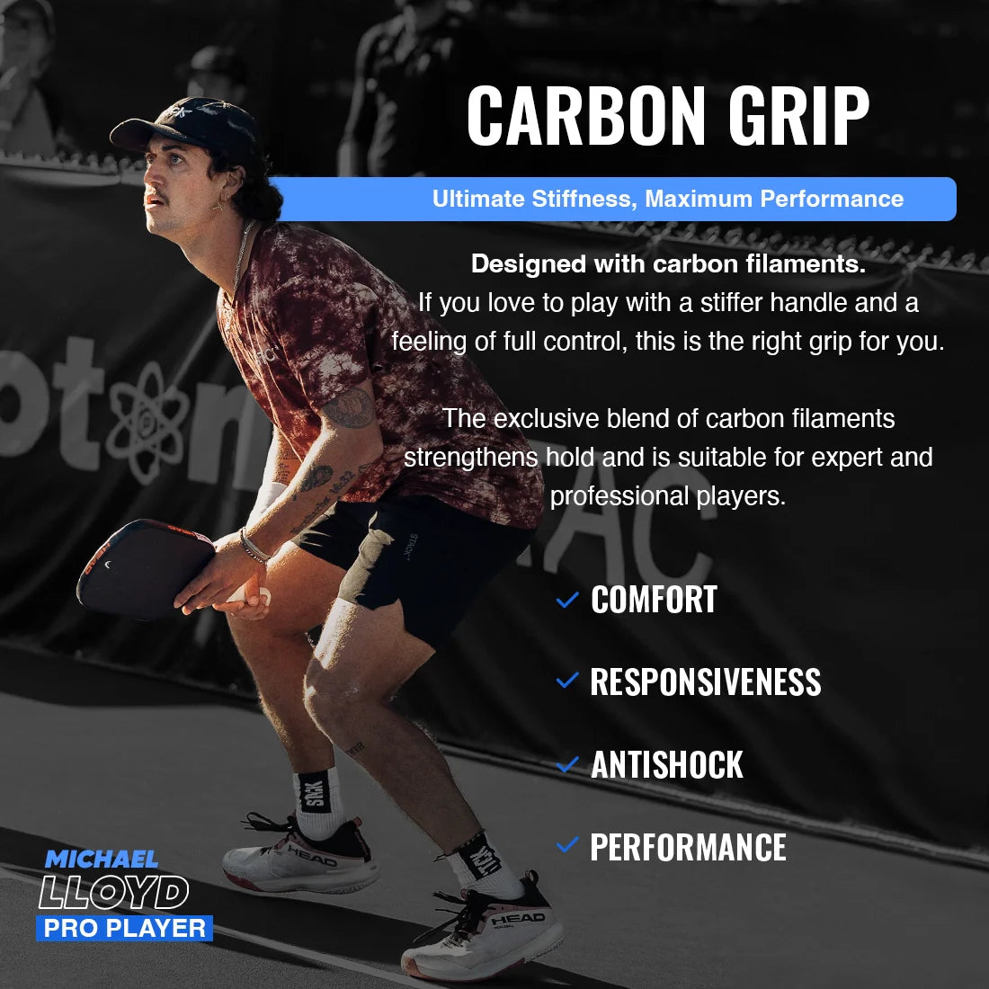 Pickleball Carbon Grip - 5.25 Inches Long - Stiff Feel - Charcoal -The Pickleball Store at Auburn