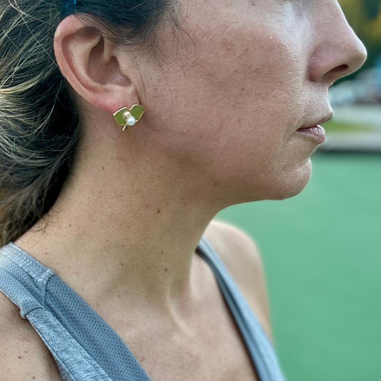 Double Pickleball Paddles Gold and Pearl Stud Earrings -The Pickleball Store at Auburn