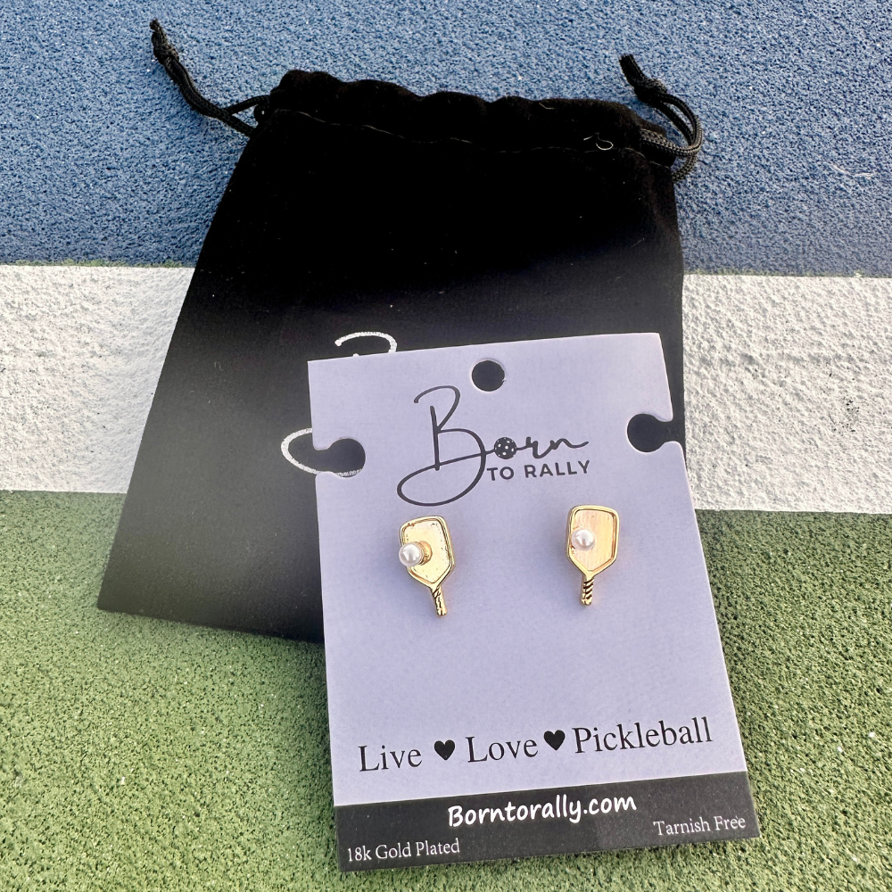 Gold and Pearl Pickleball Paddle Stud Earrings -The Pickleball Store at Auburn