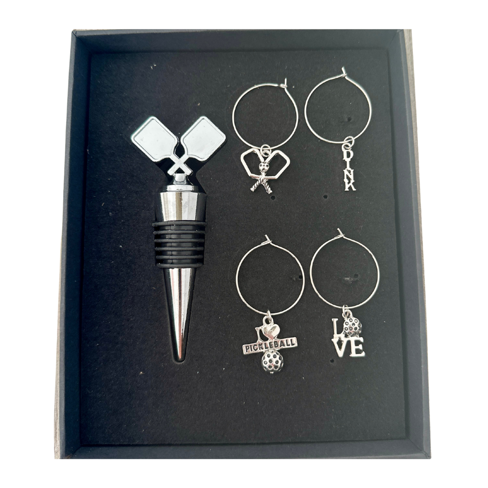 Silver Pickleball Wine Stopper and Charms -The Pickleball Store at Auburn